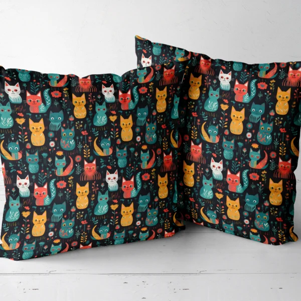 Two throw pillows with a folk-style cats on black print side by side