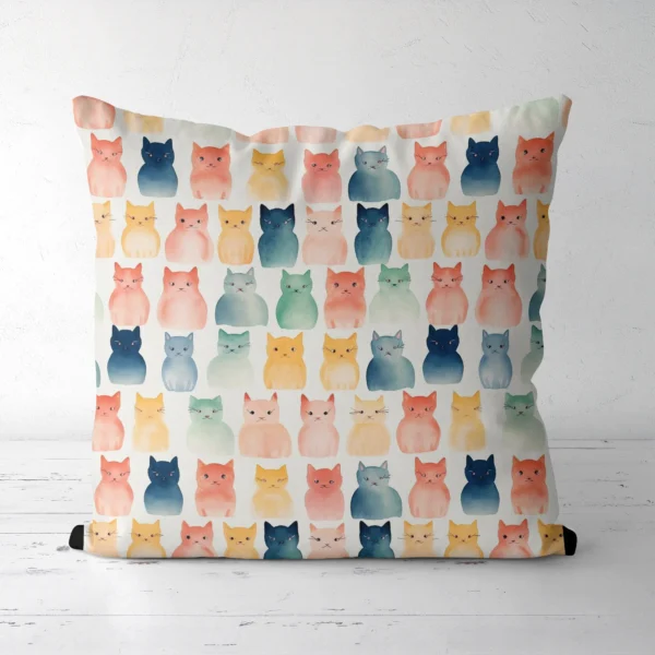Throw pillow with a watercolor cats on cream print, front view