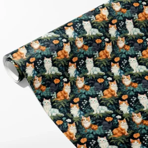 Roll of forest green wrapping paper with ginger and white cats among leaves and orange flowers, partly unrolled on white