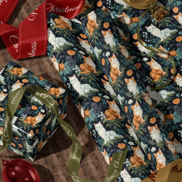 A sheet of forest green cat gift wrap and a wrapped box with red and green satin ribbons on a wooden floor