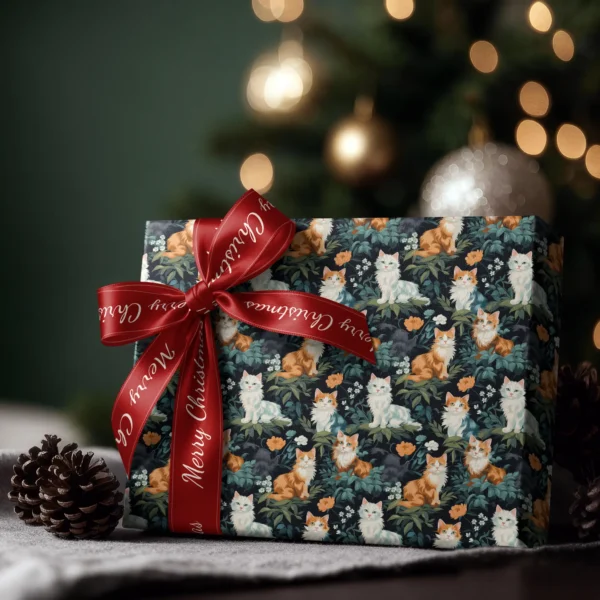 Box wrapped in forest green cat paper with a red satin bow, Christmas tree lights behind