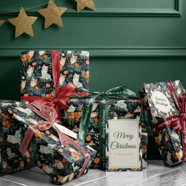 Stack of presents in forest green cat paper with ribbons and a Merry Christmas card by a dark green wall