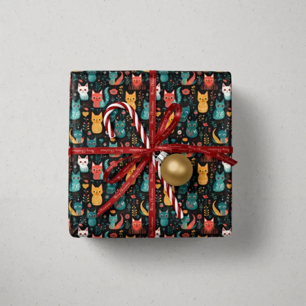Top view of a gift in black folk cat paper with a red ribbon, a candy cane and a gold bauble