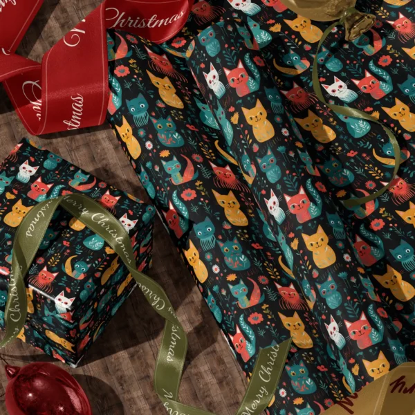 A sheet of black folk cat gift wrap and a wrapped box with red and green satin ribbons on a wooden floor