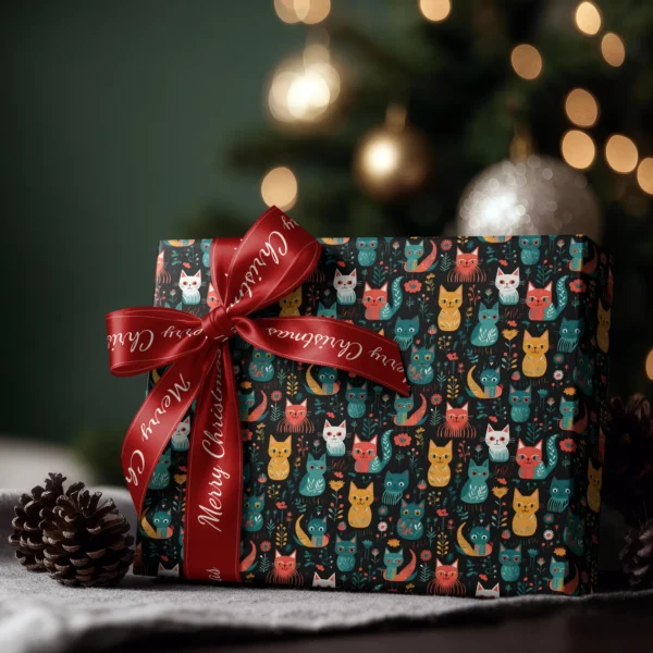 Box wrapped in black folk cat paper with a red satin bow, Christmas tree lights behind