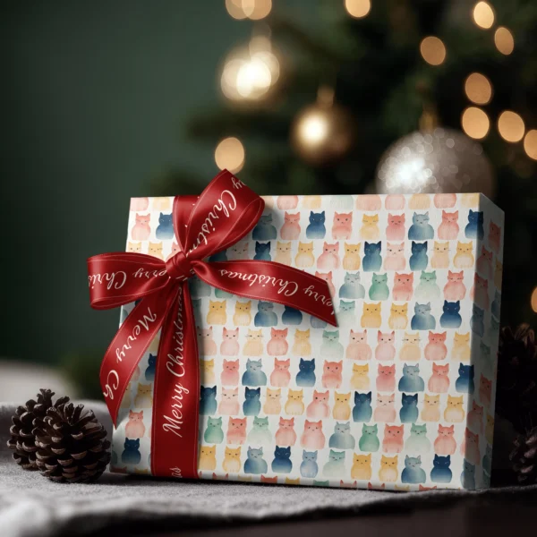 Box wrapped in cream watercolor cat paper with a red satin bow, Christmas tree lights behind
