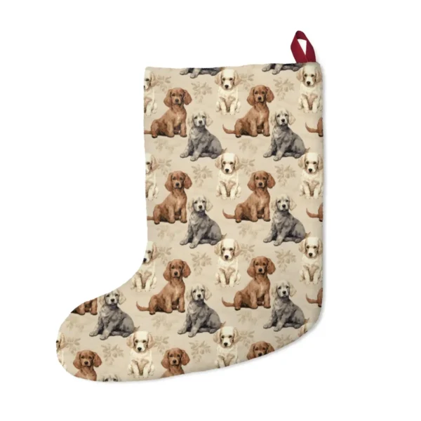 Back of the Christmas stocking with a brown, gray and cream puppies on beige print and a dark red hanging loop