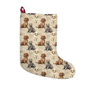 Christmas stocking with a brown, gray and cream puppies on beige print, front view