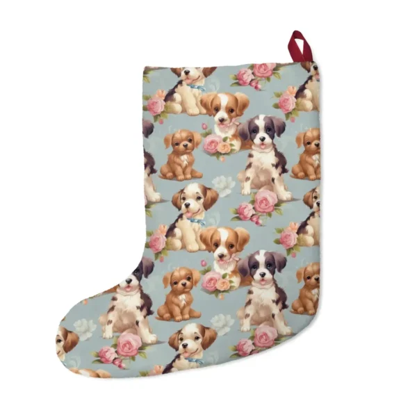 Back of the Christmas stocking with a puppies and pink roses on dusty blue print and a dark red hanging loop