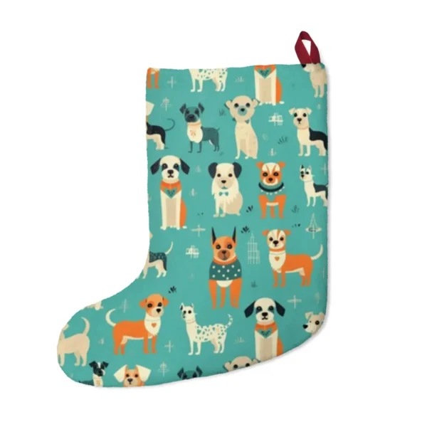 Back of the Christmas stocking with a retro dogs on aqua print and a dark red hanging loop