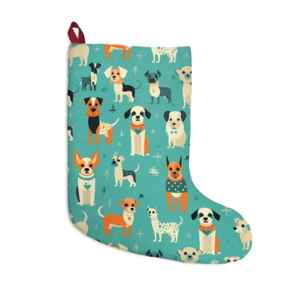 Christmas stocking with a retro dogs on aqua print, front view