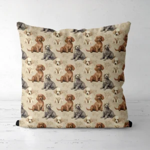 Throw pillow with a brown, gray and cream puppies on beige print, front view