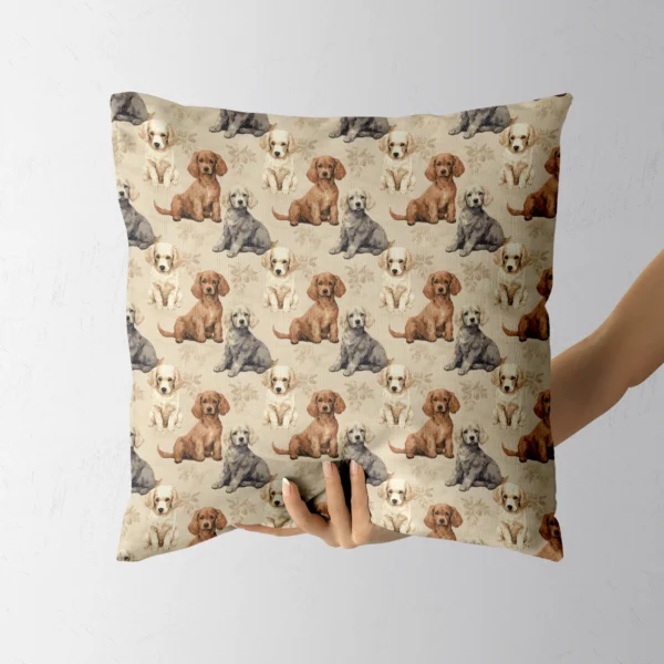 Hand holding a throw pillow with a brown, gray and cream puppies on beige print