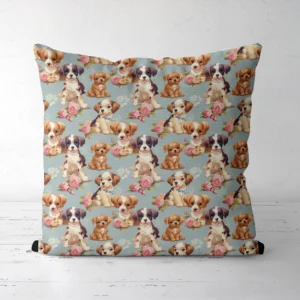 Throw pillow with a puppies and pink roses on dusty blue print, front view