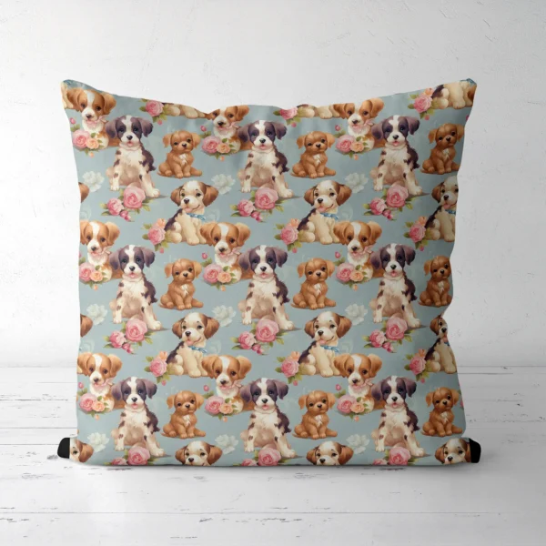 Throw pillow with a puppies and pink roses on dusty blue print, front view