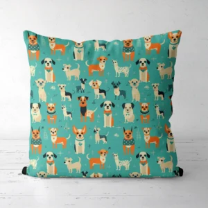 Throw pillow with a retro dogs on aqua print, front view