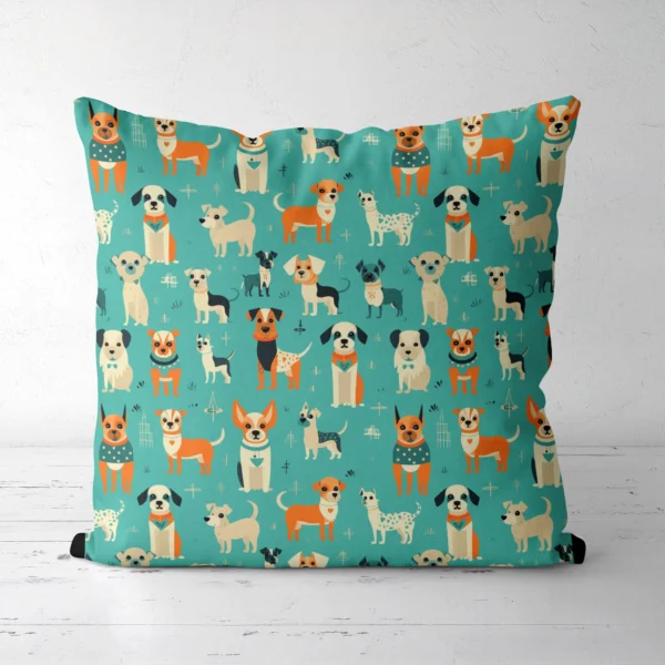 Throw pillow with a retro dogs on aqua print, front view