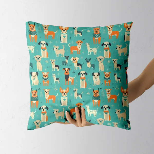 Hand holding a throw pillow with a retro dogs on aqua print