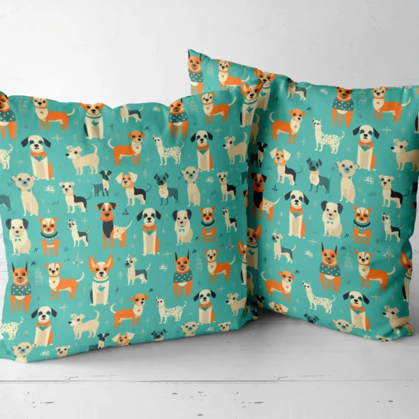 Two throw pillows with a retro dogs on aqua print side by side