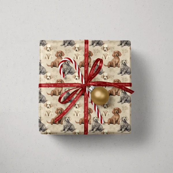 Top view of a gift in beige puppy paper with a red ribbon, a candy cane and a gold bauble