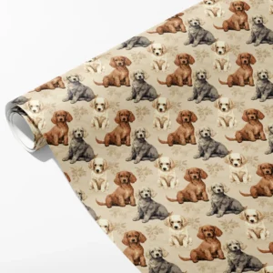 Roll of beige wrapping paper with brown, gray and cream puppies, partly unrolled on white