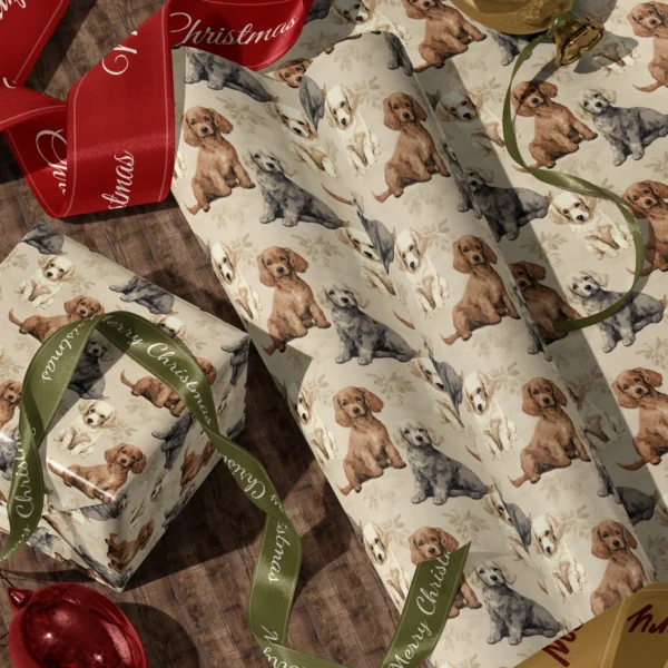 A sheet of beige puppy gift wrap and a wrapped box with red and green satin ribbons on a wooden floor