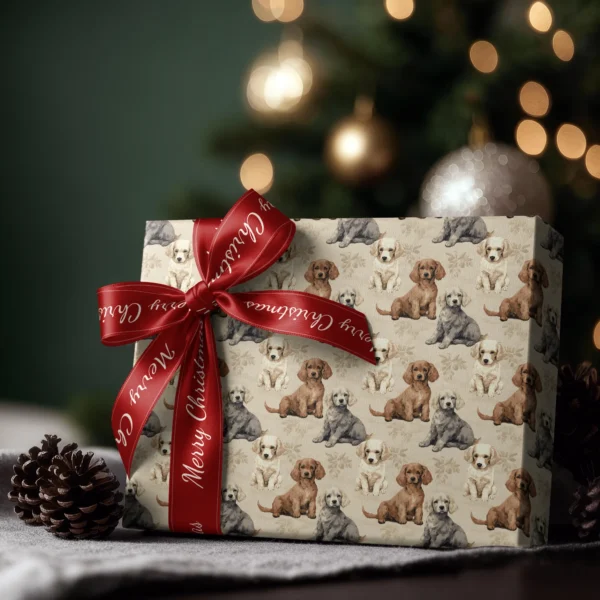Box wrapped in beige puppy paper with a red satin bow, Christmas tree lights behind