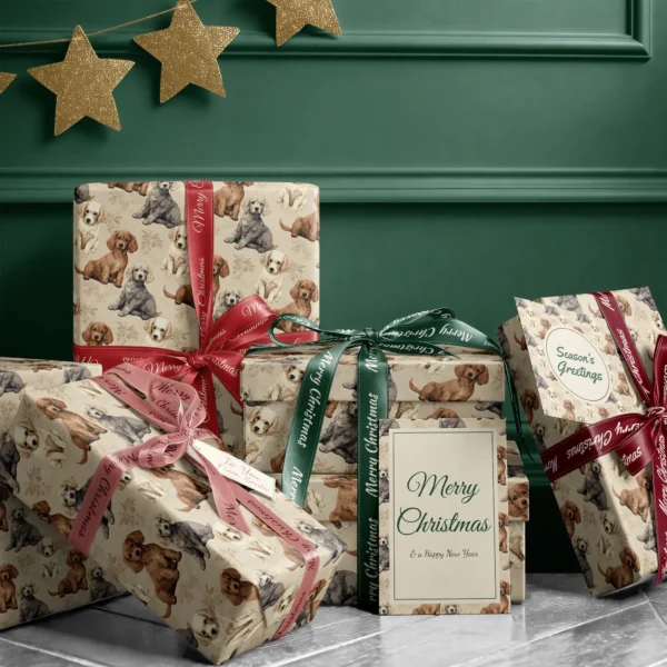Stack of presents in beige puppy paper with ribbons and a Merry Christmas card by a dark green wall