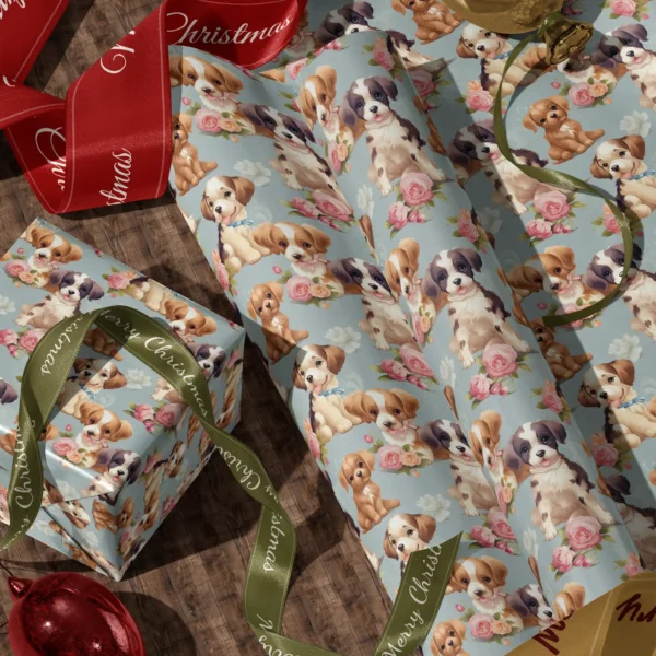 A sheet of dusty blue puppy and rose gift wrap and a wrapped box with red and green satin ribbons on a wooden floor