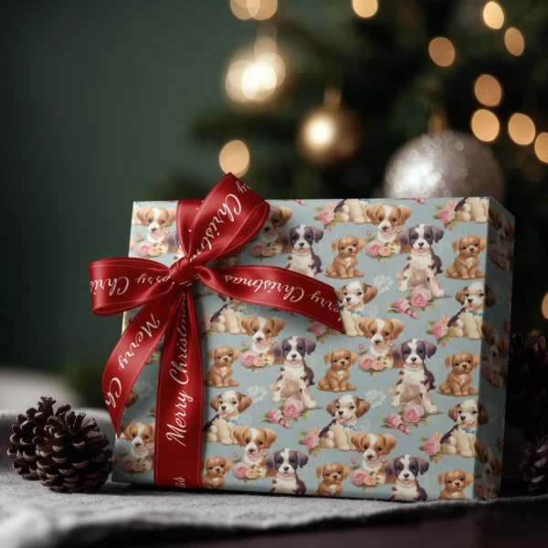 Box wrapped in dusty blue puppy and rose paper with a red satin bow, Christmas tree lights behind