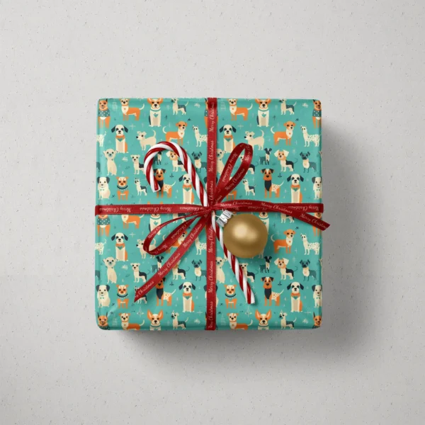 Top view of a gift in aqua retro dog paper with a red ribbon, a candy cane and a gold bauble