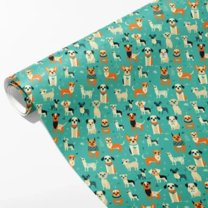 Roll of aqua wrapping paper with orange, cream and spotted retro dogs, partly unrolled on white
