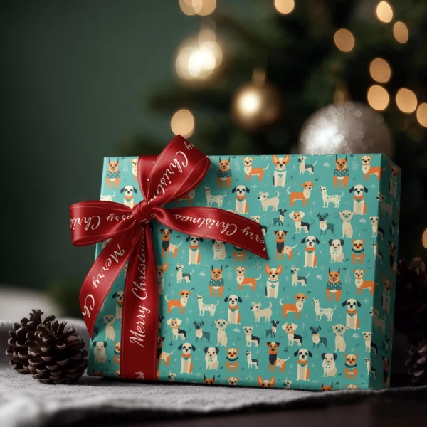 Box wrapped in aqua retro dog paper with a red satin bow, Christmas tree lights behind