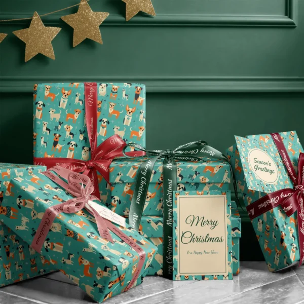 Stack of presents in aqua retro dog paper with ribbons and a Merry Christmas card by a dark green wall