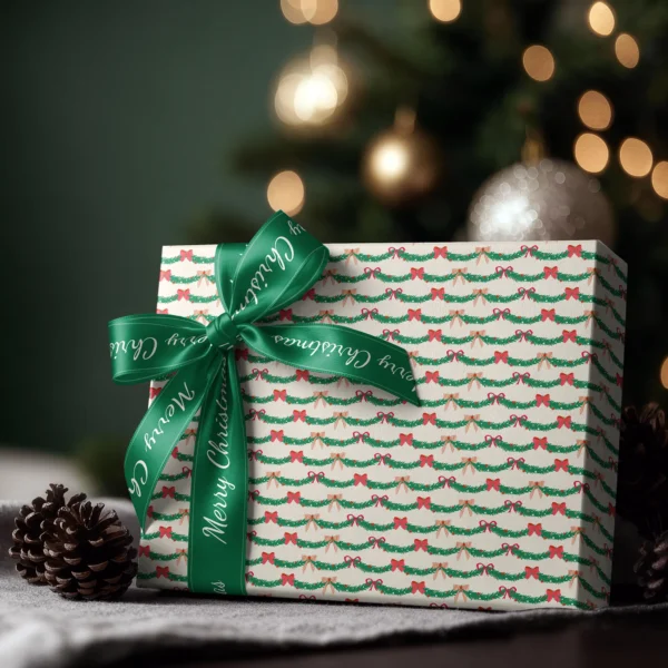 Box wrapped in pine garland paper with a satin ribbon bow, Christmas tree lights behind