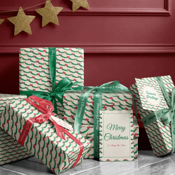 Stack of presents in pine garland paper with ribbons and a Merry Christmas card by a burgundy wall