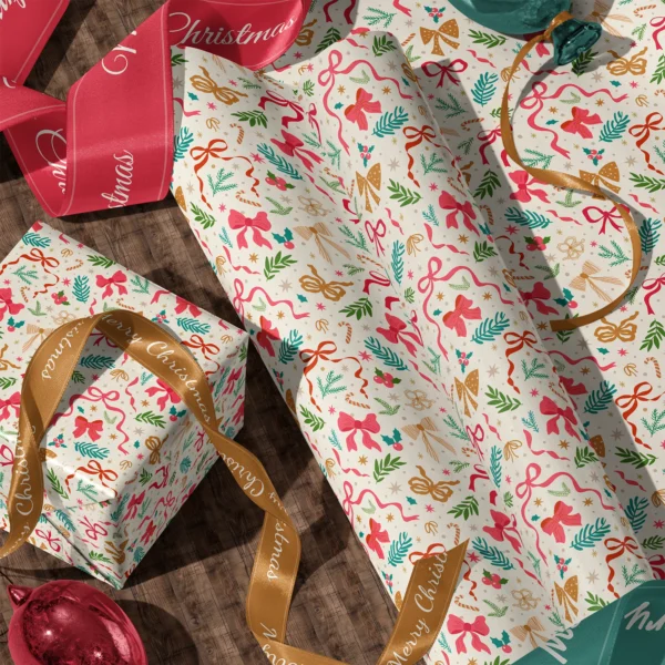 Rolls of ribbon and greenery gift wrap and a wrapped box with satin ribbons on a wooden floor