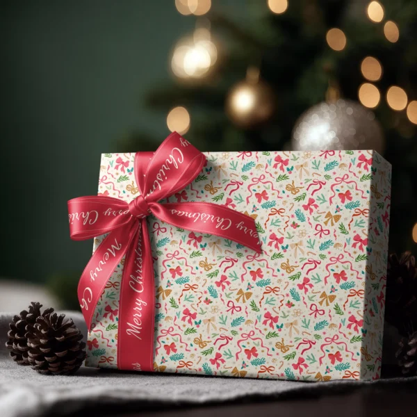 Box wrapped in ribbon and greenery paper with a satin ribbon bow, Christmas tree lights behind