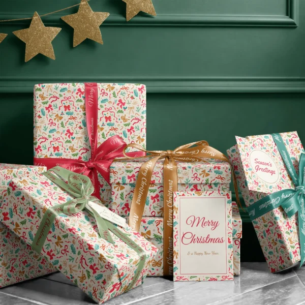 Stack of presents in ribbon and greenery paper with ribbons and a Merry Christmas card by a dark green wall