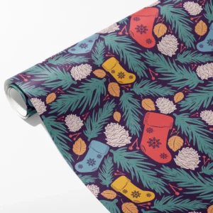 Roll of plum wrapping paper with red, blue and yellow stockings, teal pine and cream pine cones, partly unrolled on white