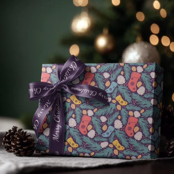 Box wrapped in plum stocking paper with a satin ribbon bow, Christmas tree lights behind