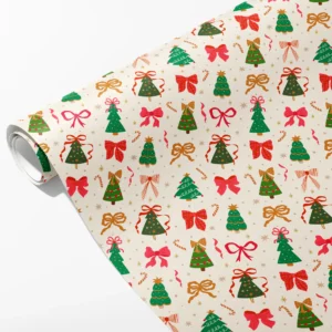 Roll of cream wrapping paper with little Christmas trees, colorful bows and candy canes, partly unrolled on white