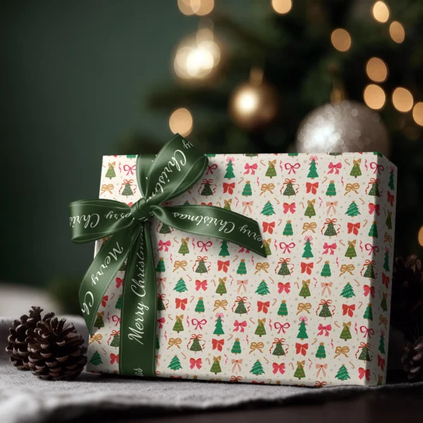 Box wrapped in Christmas tree and bow paper with a satin ribbon bow, Christmas tree lights behind