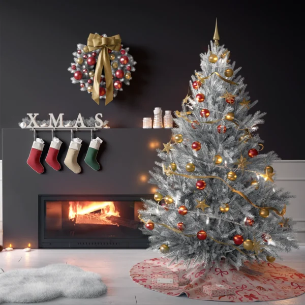 Tree on the coquette bow skirt in a living room with charcoal walls