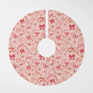 Coquette bow tree skirt laid flat, seen from above on white