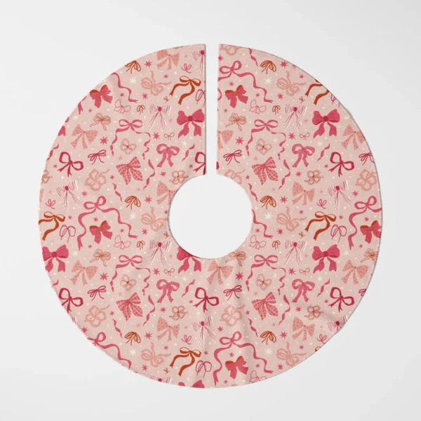 Coquette bow tree skirt laid flat, seen from above on white