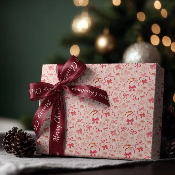 Box wrapped in coquette bow paper with a satin ribbon bow, Christmas tree lights behind