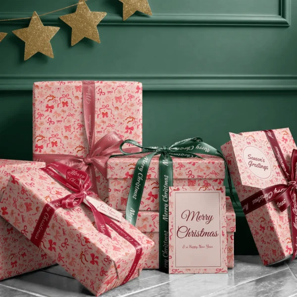 Stack of presents in coquette bow paper with ribbons and a Merry Christmas card by a dark green wall