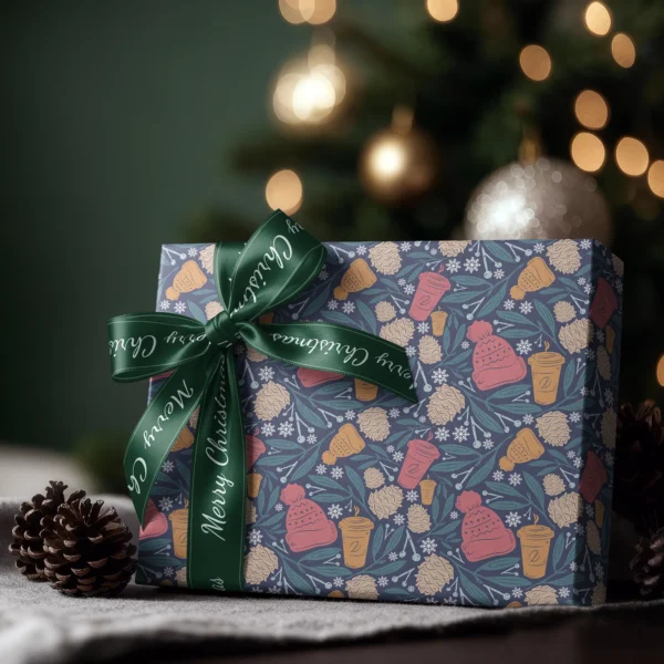 Box wrapped in navy cozy winter paper with a satin ribbon bow, Christmas tree lights behind