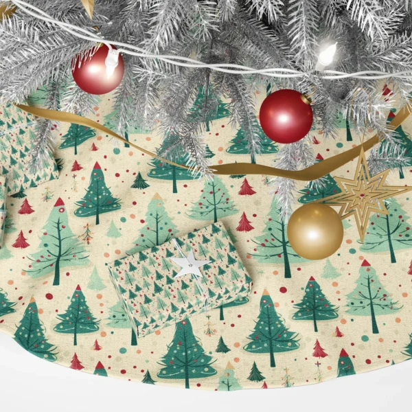 Detail of dark green and mint trees dotted with red, cream and teal ornaments